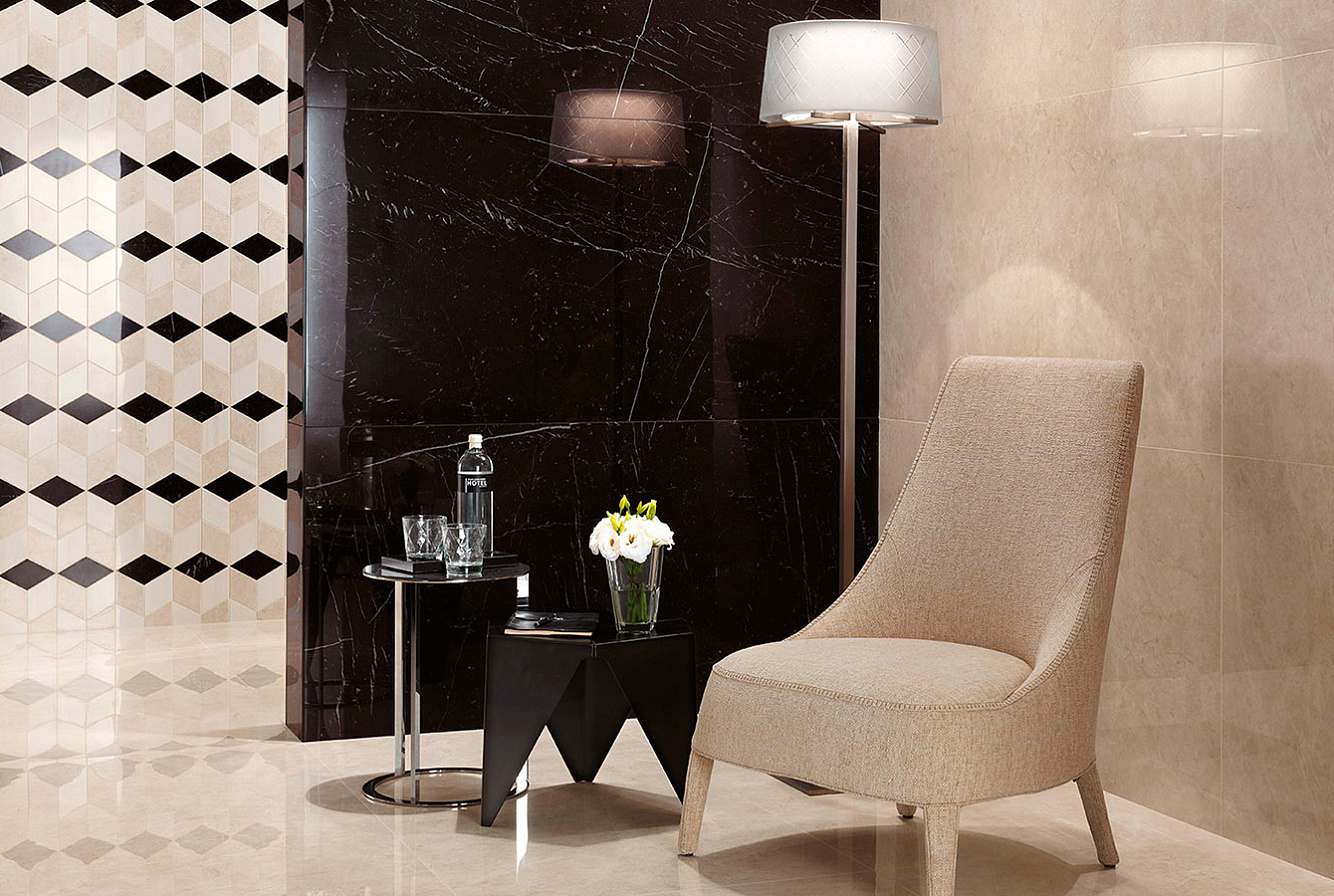 Керамогранит Marvel Cream Prestige Lappato 75x110, Marvel Nero Marquina Lappato 75x150, Мозаика Marvel Mosaico Esagono Geo Warm Lappato 24,5x35,2